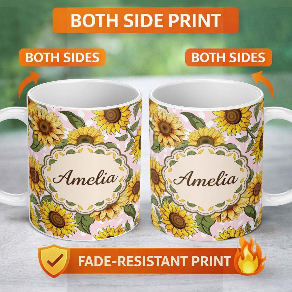 Personalized Custom Name Bright Yellow Sunflower Floral Seamless Pattern Blush Dot 11oz Ceramic Coffee Tea Mug White Large Handle