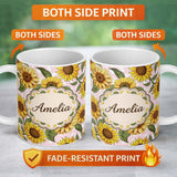 Personalized Custom Name Bright Yellow Sunflower Floral Seamless Pattern Blush Dot 11oz Ceramic Coffee Tea Mug White Large Handle