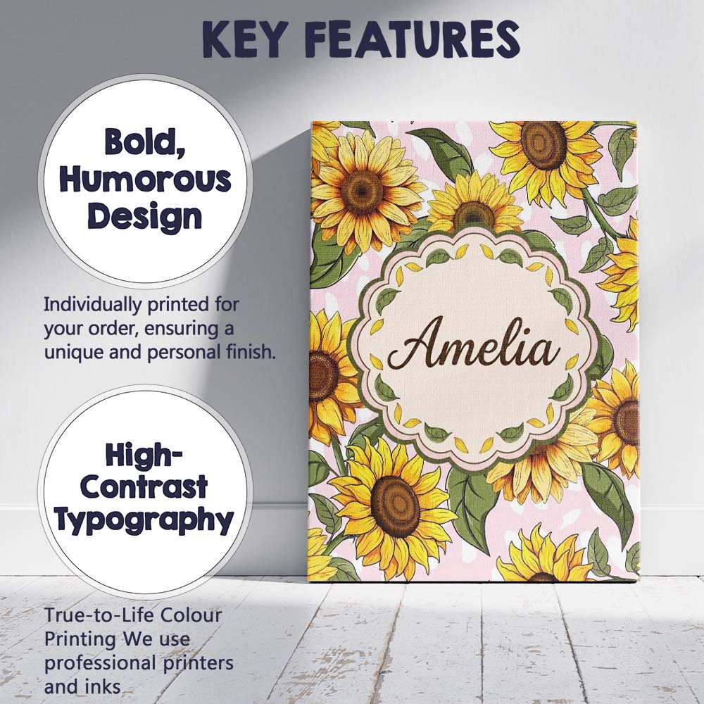 Personalised Name Bright Yellow Sunflower Custom  Unique Gift Idea Elegant Feature Canvas Wall Art Print Decor Picture Ready to Hang