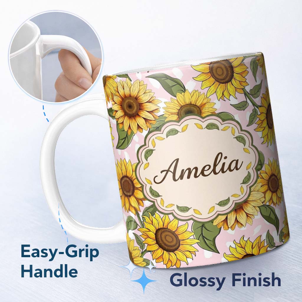 Personalized Custom Name Bright Yellow Sunflower Floral Seamless Pattern Blush Dot 11oz Ceramic Coffee Tea Mug White Large Handle