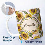 Personalized Custom Name Bright Yellow Sunflower Floral Seamless Pattern Blush Dot 11oz Ceramic Coffee Tea Mug White Large Handle