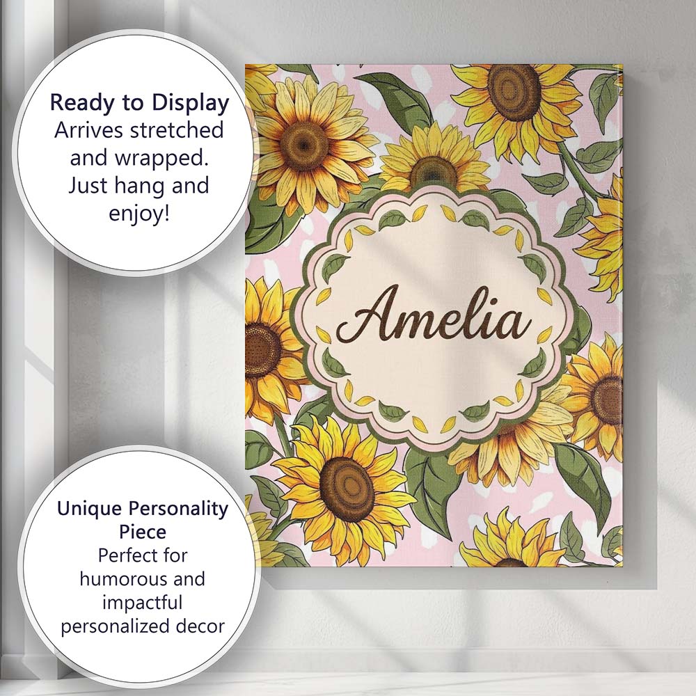 Personalised Name Bright Yellow Sunflower Custom  Unique Gift Idea Elegant Feature Canvas Wall Art Print Decor Picture Ready to Hang