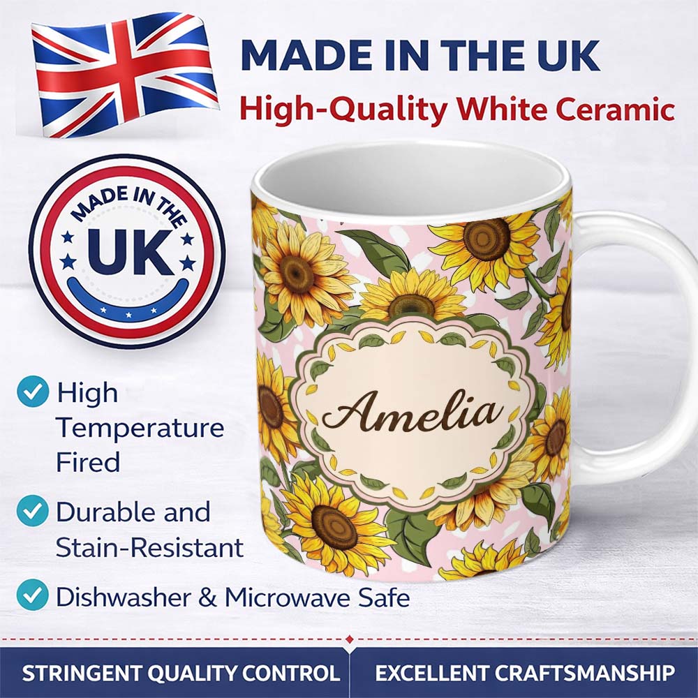 Personalized Custom Name Bright Yellow Sunflower Floral Seamless Pattern Blush Dot 11oz Ceramic Coffee Tea Mug White Large Handle