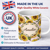 Personalized Custom Name Bright Yellow Sunflower Floral Seamless Pattern Blush Dot 11oz Ceramic Coffee Tea Mug White Large Handle