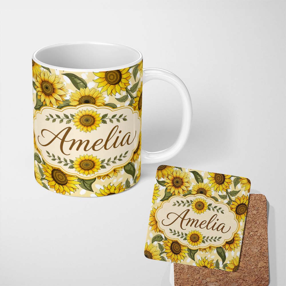 Personalized Custom Name Bright Yellow Sunflower Floral Seamless Pattern Pink Dot Background 11oz Ceramic Coffee Tea Mug White Large Handle