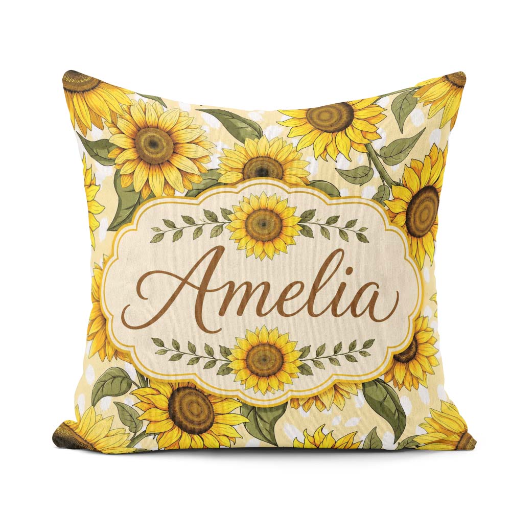 Custom Name Bright Yellow Sunflower Floral Seamless Pattern Pink Square Filled Cushion Throw Pillow Sofa Bed Home Decor Zip Washable UK Made