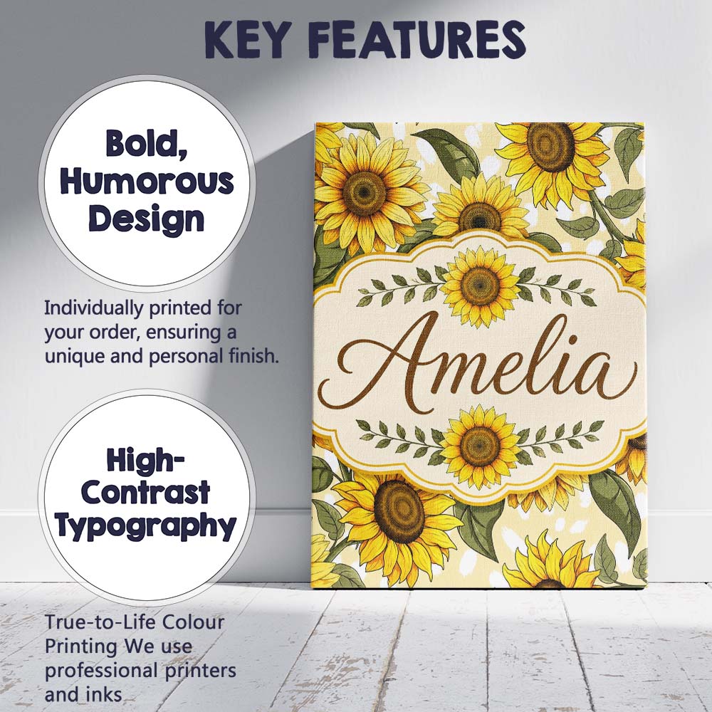 Personalised Name Bright Yellow Sunflower Custom  Unique Gift Idea Elegant Feature Canvas Wall Art Print Decor Picture Ready to Hang