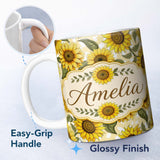 Personalized Custom Name Bright Yellow Sunflower Floral Seamless Pattern Pink Dot Background 11oz Ceramic Coffee Tea Mug White Large Handle