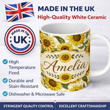 Personalized Custom Name Bright Yellow Sunflower Floral Seamless Pattern Pink Dot Background 11oz Ceramic Coffee Tea Mug White Large Handle