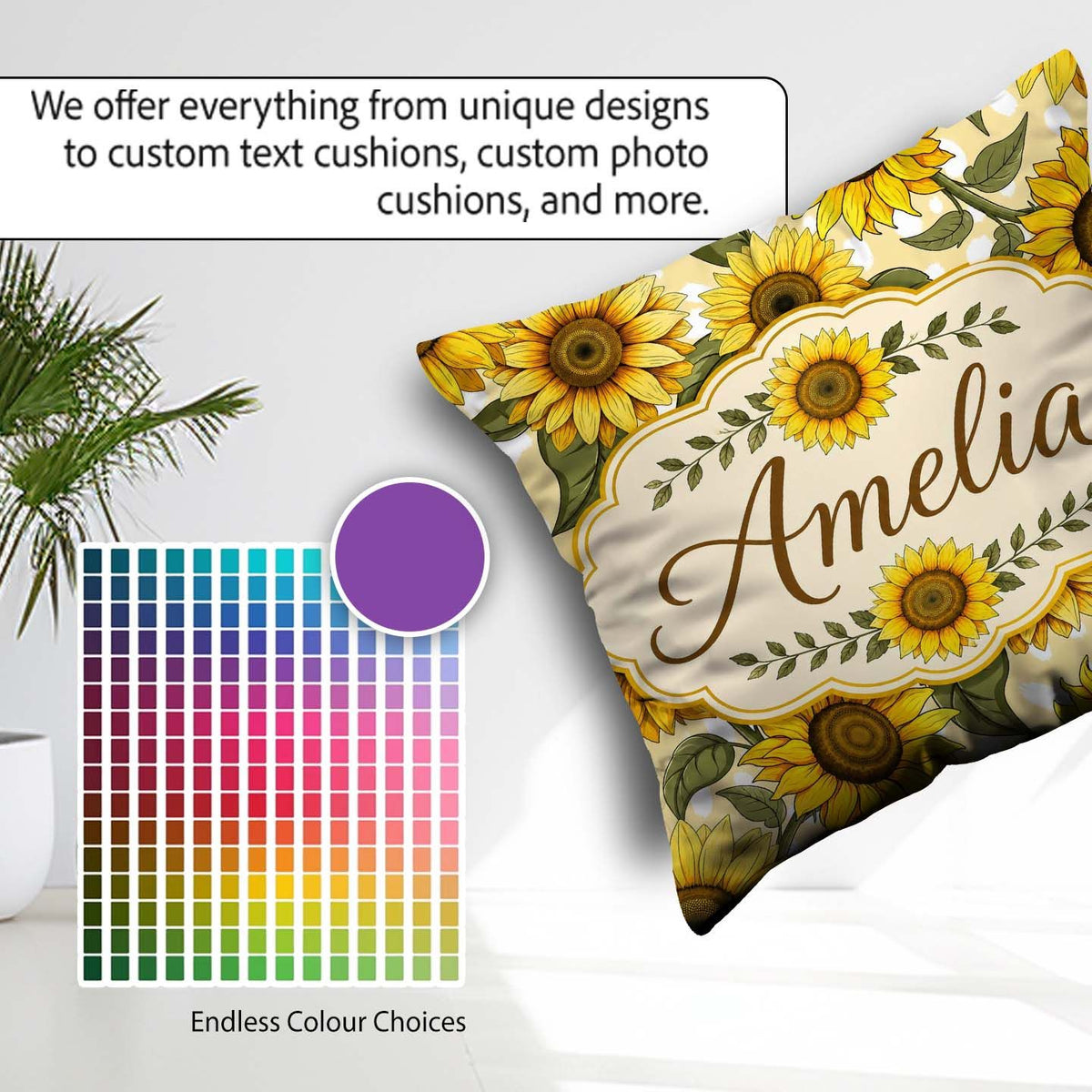 Custom Name Bright Yellow Sunflower Floral Seamless Pattern Pink Square Filled Cushion Throw Pillow Sofa Bed Home Decor Zip Washable UK Made