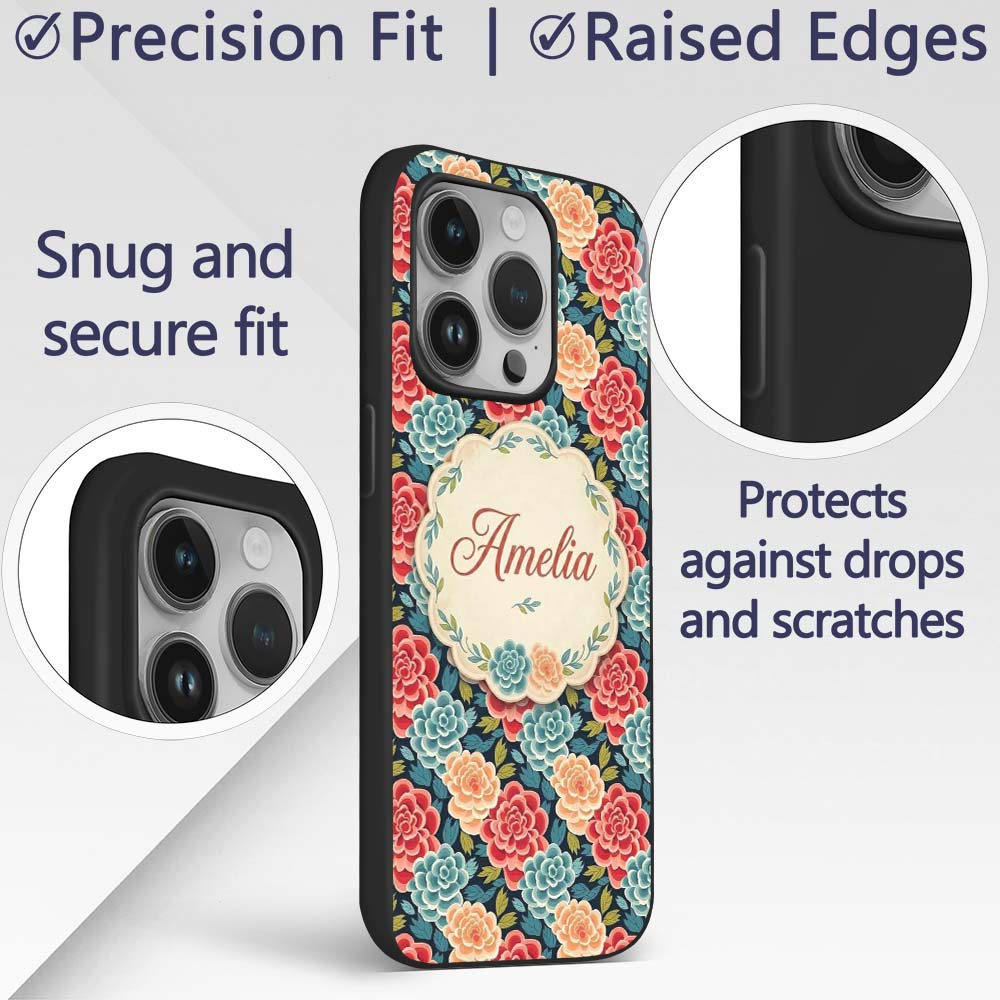 Multicolor Floral Bloom Pattern Seamless Pattern Custom Name Protective Phone Case Mobile Cover Durable Everyday Smartphone Shock Resistant
