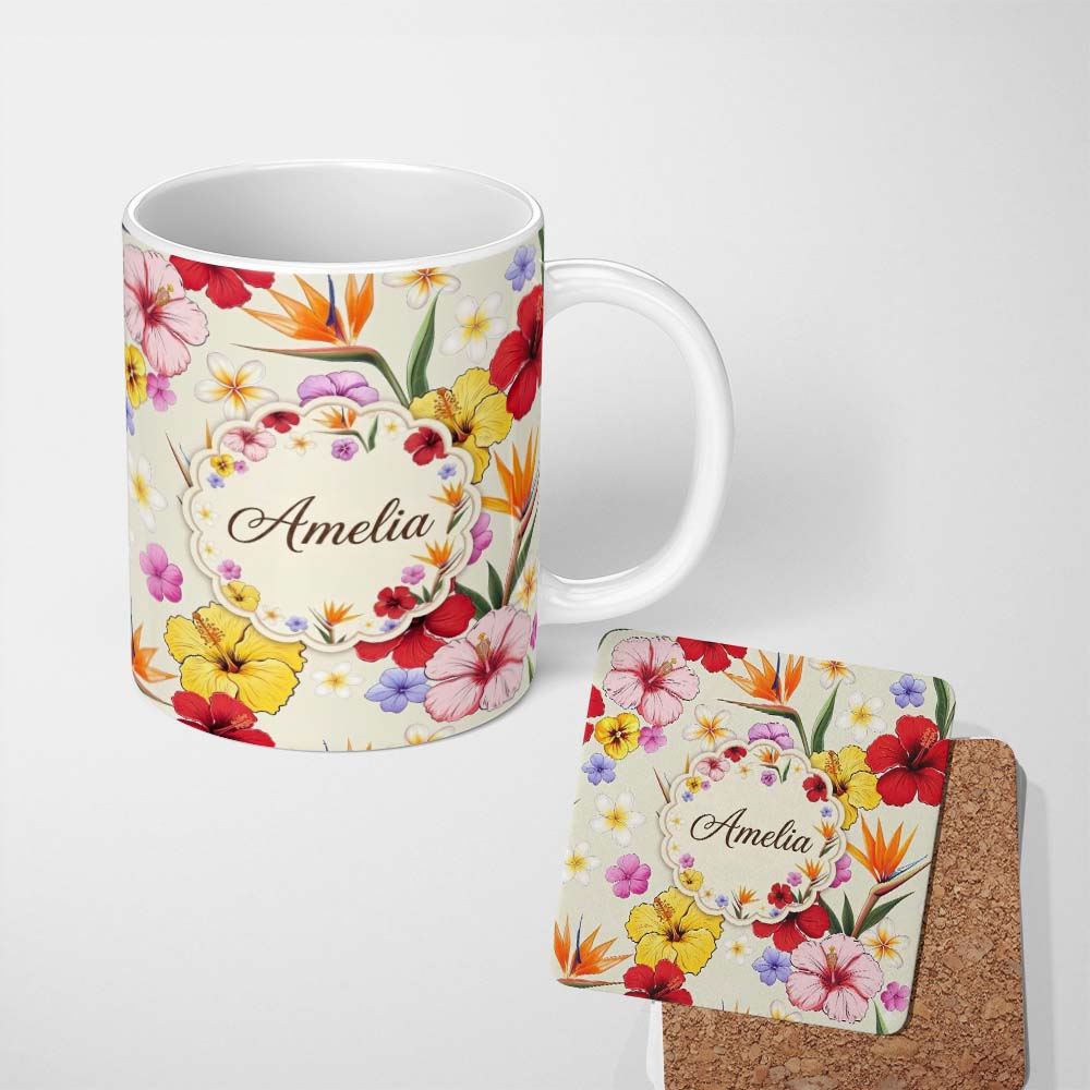 Personalized Custom Name Tropical Hibiscus and Bird of Paradise Floral Seamless Pattern 11oz Ceramic Coffee Tea Mug White Large Handle