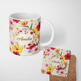 Personalized Custom Name Tropical Hibiscus and Bird of Paradise Floral Seamless Pattern 11oz Ceramic Coffee Tea Mug White Large Handle