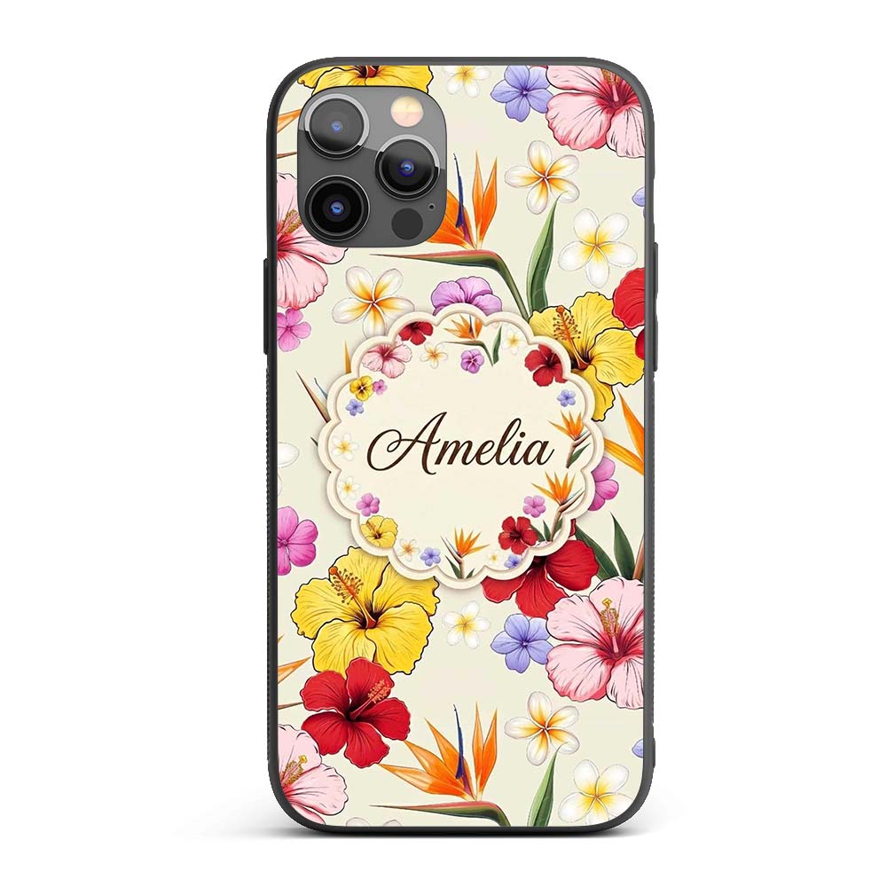 Tropical Hibiscus and Bird of Paradise Floral Custom Name Protective Phone Case Mobile Cover Durable Everyday Smartphone Shock Resistant