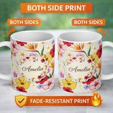 Personalized Custom Name Tropical Hibiscus and Bird of Paradise Floral Seamless Pattern 11oz Ceramic Coffee Tea Mug White Large Handle