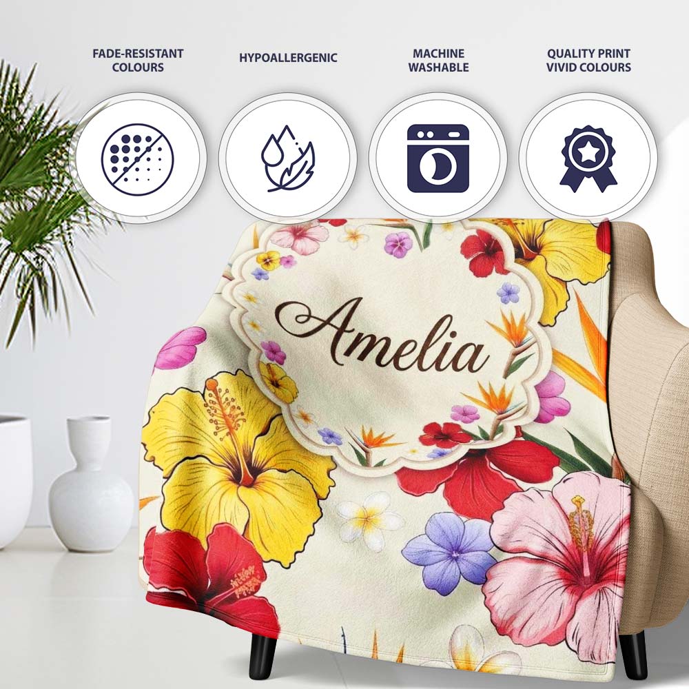 Tropical Hibiscus and Bird of Paradise Floral Seamless Pattern  Personalised Custom Name Super Soft Fleece Blanket Bed Sofa Throw