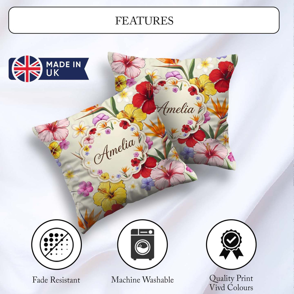 Custom Name Tropical Hibiscus and Bird Paradise Seamless Pattern Square Filled Cushion Throw Pillow Sofa Bed Home Decor Zip Washable UK Made