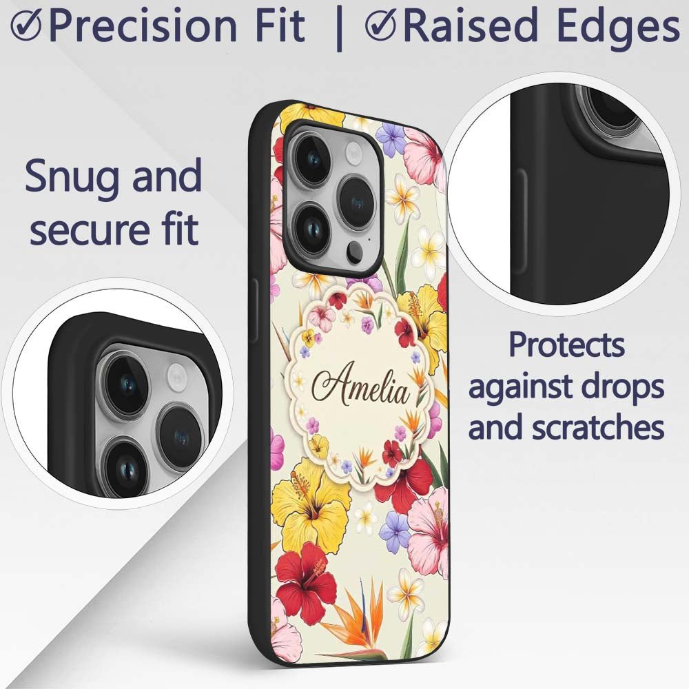 Tropical Hibiscus and Bird of Paradise Floral Custom Name Protective Phone Case Mobile Cover Durable Everyday Smartphone Shock Resistant