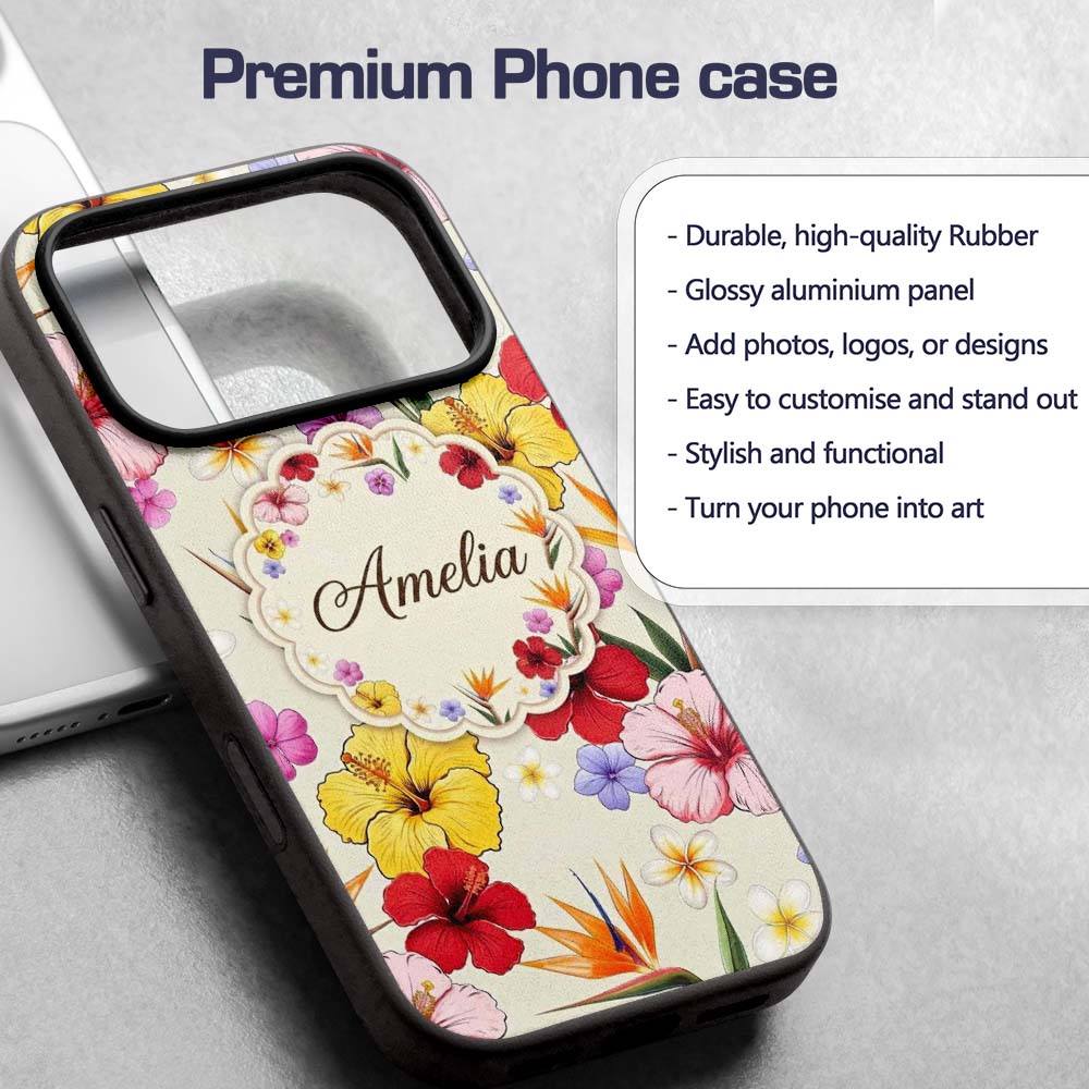 Tropical Hibiscus and Bird of Paradise Floral Custom Name Protective Phone Case Mobile Cover Durable Everyday Smartphone Shock Resistant