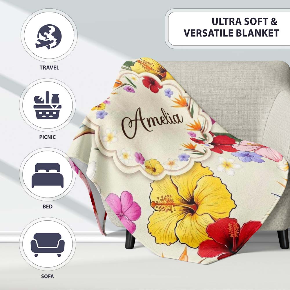 Tropical Hibiscus and Bird of Paradise Floral Seamless Pattern  Personalised Custom Name Super Soft Fleece Blanket Bed Sofa Throw
