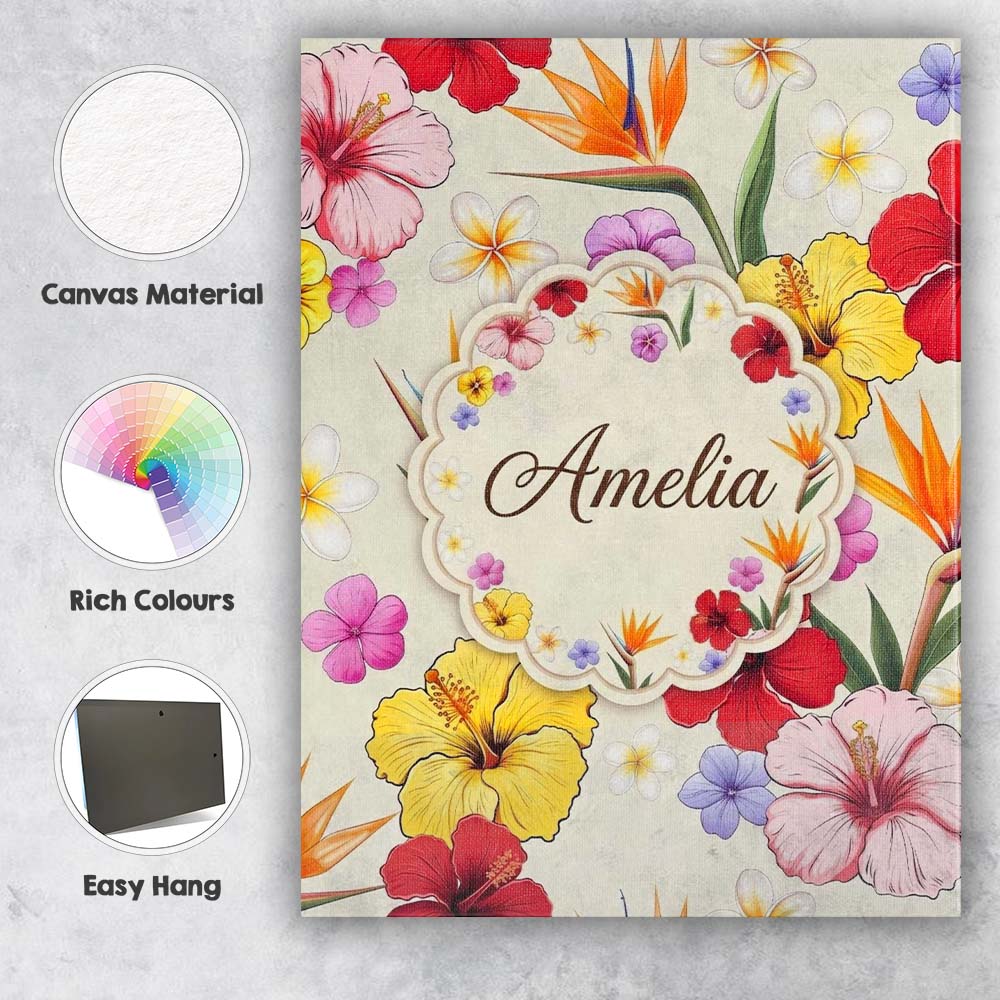 Personalised Name Tropical Hibiscus and Custom  Modern Room Accent Elegant Feature Canvas Wall Art Print Decor Picture Ready to Hang