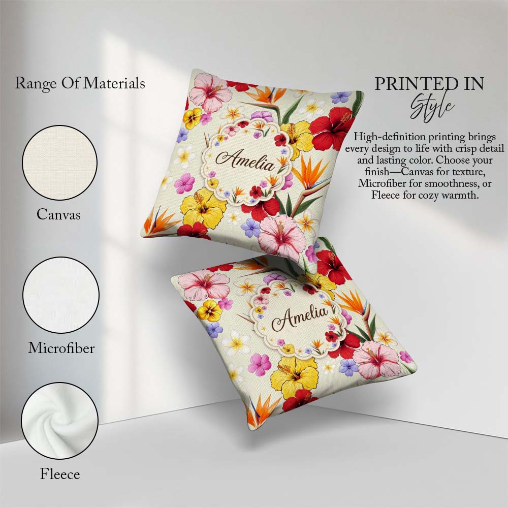 Custom Name Tropical Hibiscus and Bird Paradise Seamless Pattern Square Filled Cushion Throw Pillow Sofa Bed Home Decor Zip Washable UK Made