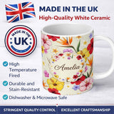 Personalized Custom Name Tropical Hibiscus and Bird of Paradise Floral Seamless Pattern 11oz Ceramic Coffee Tea Mug White Large Handle