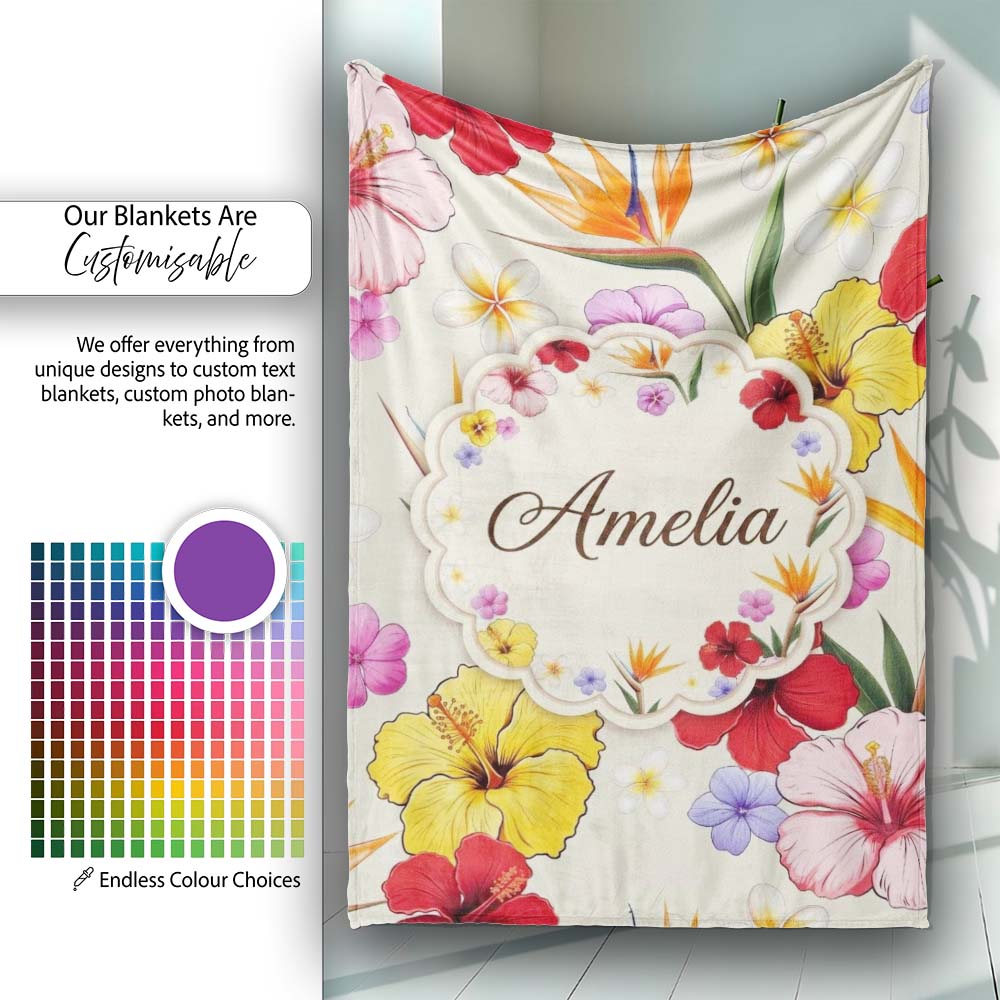 Tropical Hibiscus and Bird of Paradise Floral Seamless Pattern  Personalised Custom Name Super Soft Fleece Blanket Bed Sofa Throw