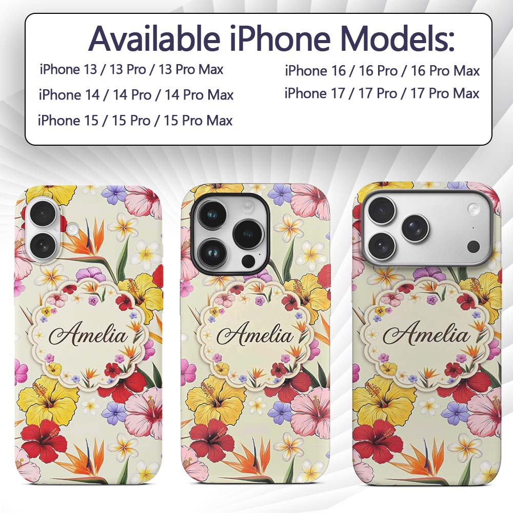 Tropical Hibiscus and Bird of Paradise Floral Custom Name Protective Phone Case Mobile Cover Durable Everyday Smartphone Shock Resistant