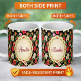 Personalized Custom Name Tropical Hibiscus Bird of Paradise Floral Seamless Pattern Black 11oz Ceramic Coffee Tea Mug White Large Handle