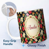 Personalized Custom Name Tropical Hibiscus Bird of Paradise Floral Seamless Pattern Black 11oz Ceramic Coffee Tea Mug White Large Handle