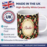 Personalized Custom Name Tropical Hibiscus Bird of Paradise Floral Seamless Pattern Black 11oz Ceramic Coffee Tea Mug White Large Handle