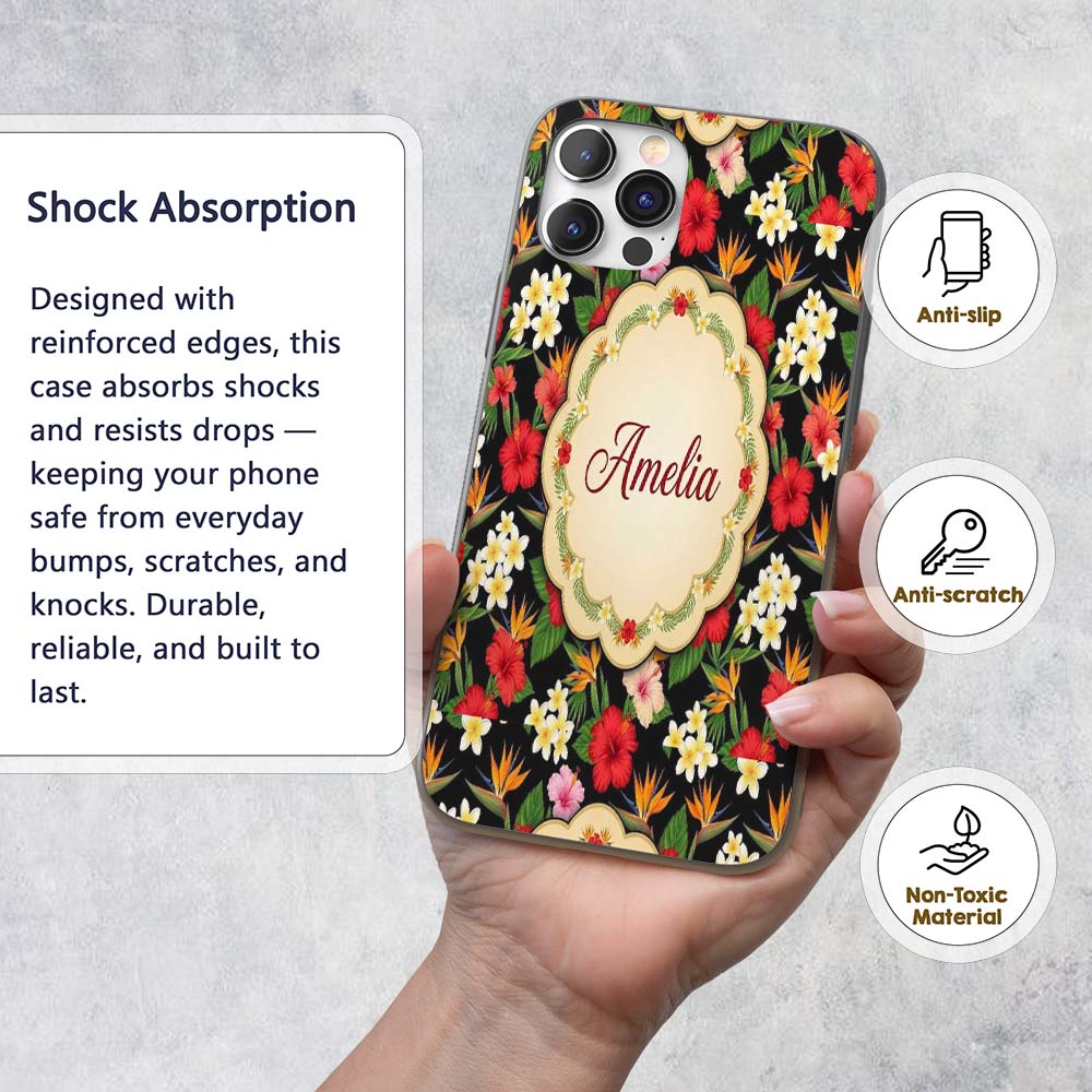 Tropical Hibiscus Bird of Paradise Printed Design Custom Name Protective Phone Case Mobile Cover Durable Everyday Smartphone Shock Resistant