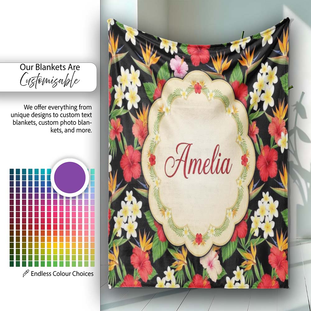 Tropical Hibiscus Bird of Paradise Floral Seamless Pattern Black  Personalised Custom Name Super Soft Fleece Blanket Bed Sofa Throw