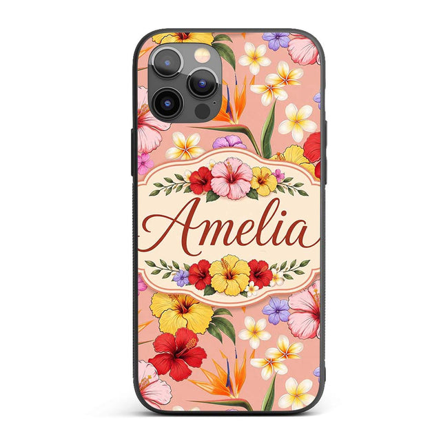 Tropical Hibiscus Bird of Paradise Printed Design Custom Name Protective Phone Case Mobile Cover Durable Everyday Smartphone Shock Resistant