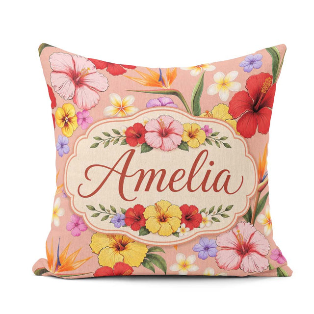 Custom Name Tropical Hibiscus Bird Paradise Floral Seamless Warm Square Filled Cushion Throw Pillow Sofa Bed Home Decor Zip Washable UK Made
