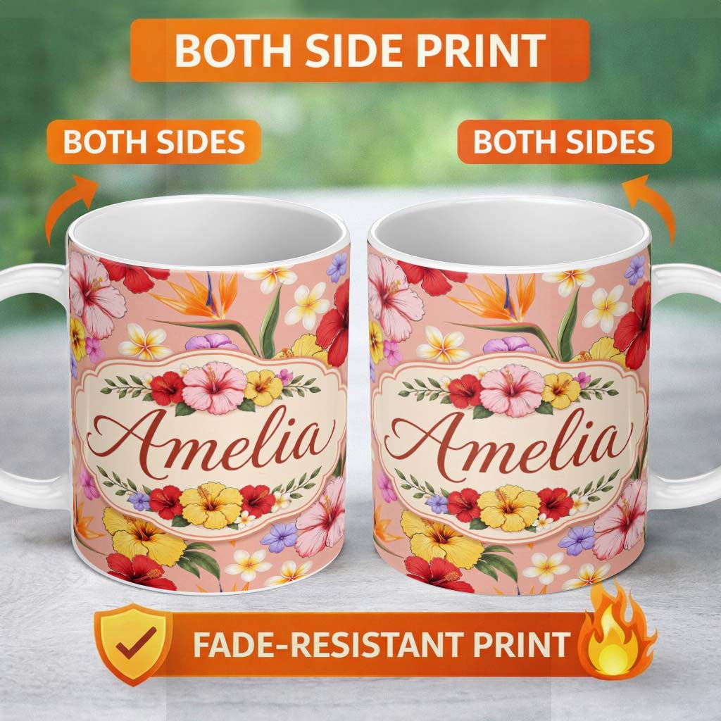 Personalized Custom Name Tropical Hibiscus Bird of Paradise Floral Seamless Pattern Warm 11oz Ceramic Coffee Tea Mug White Large Handle