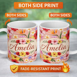 Personalized Custom Name Tropical Hibiscus Bird of Paradise Floral Seamless Pattern Warm 11oz Ceramic Coffee Tea Mug White Large Handle