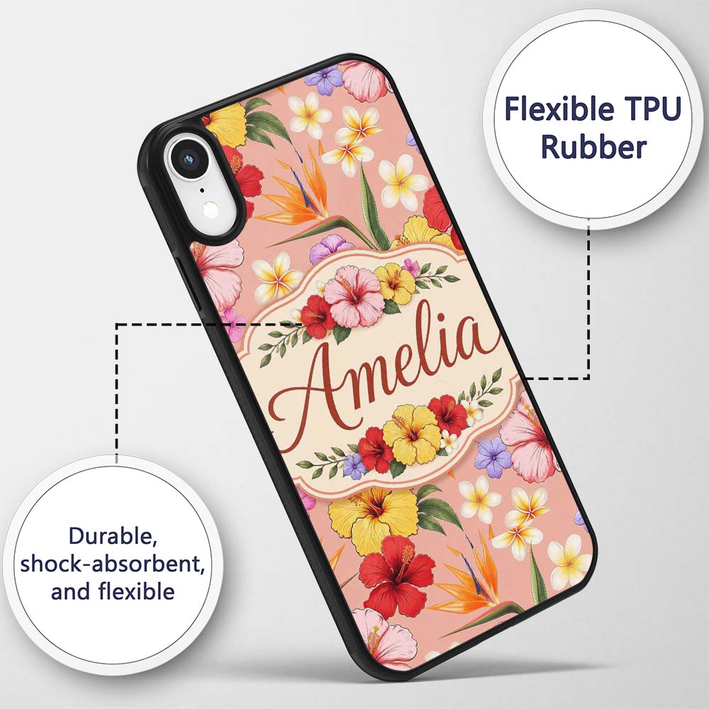 Tropical Hibiscus Bird of Paradise Printed Design Custom Name Protective Phone Case Mobile Cover Durable Everyday Smartphone Shock Resistant