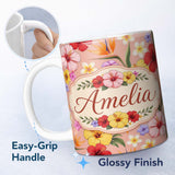Personalized Custom Name Tropical Hibiscus Bird of Paradise Floral Seamless Pattern Warm 11oz Ceramic Coffee Tea Mug White Large Handle