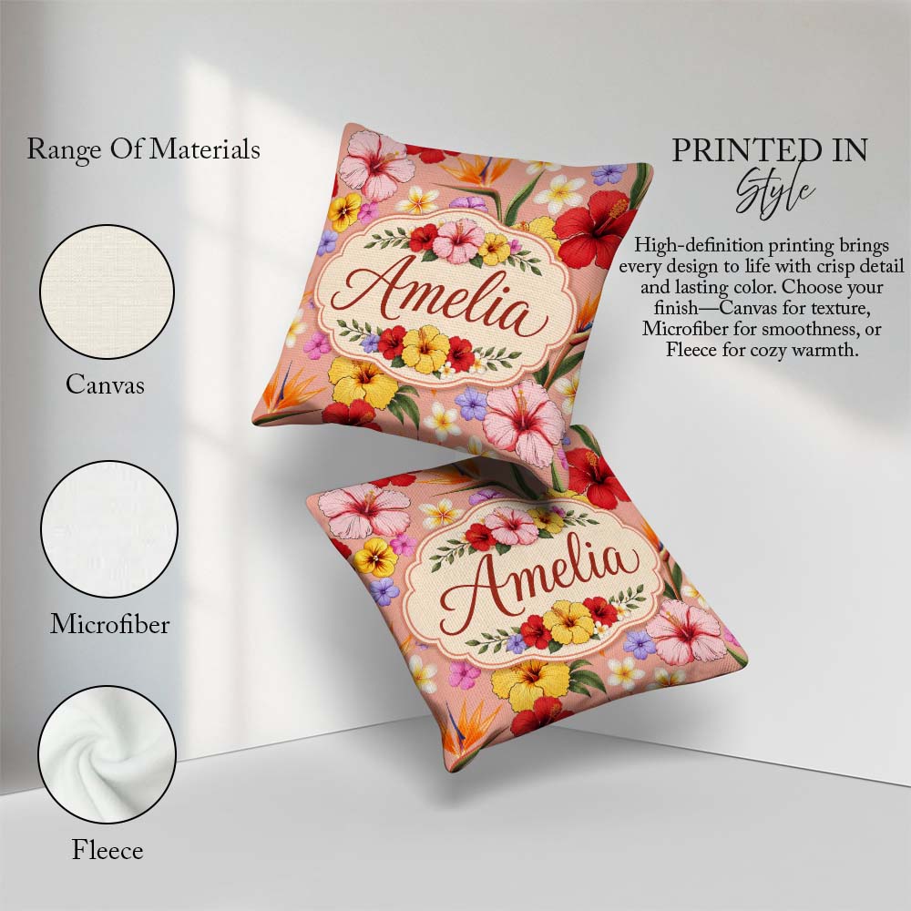 Custom Name Tropical Hibiscus Bird Paradise Floral Seamless Warm Square Filled Cushion Throw Pillow Sofa Bed Home Decor Zip Washable UK Made