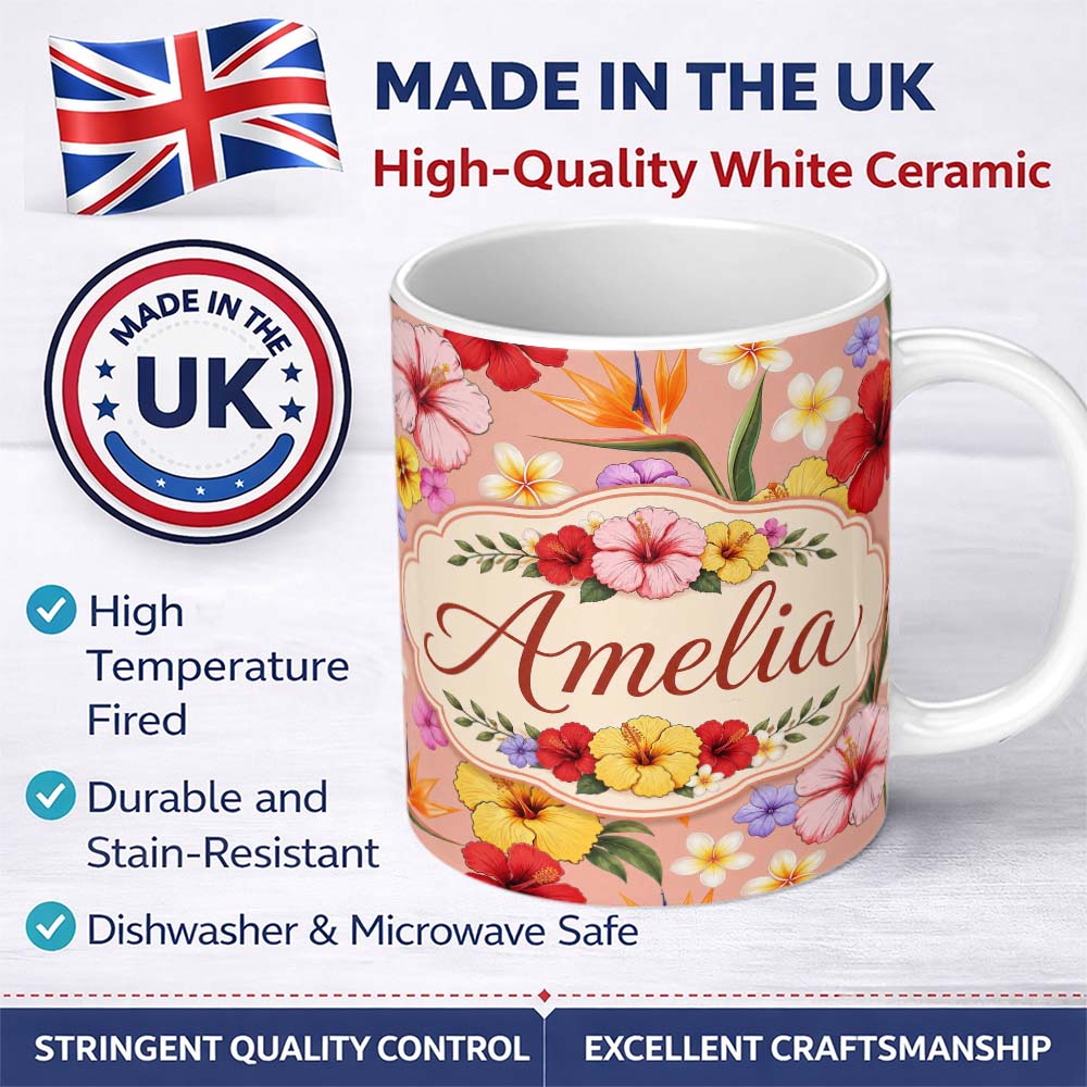 Personalized Custom Name Tropical Hibiscus Bird of Paradise Floral Seamless Pattern Warm 11oz Ceramic Coffee Tea Mug White Large Handle