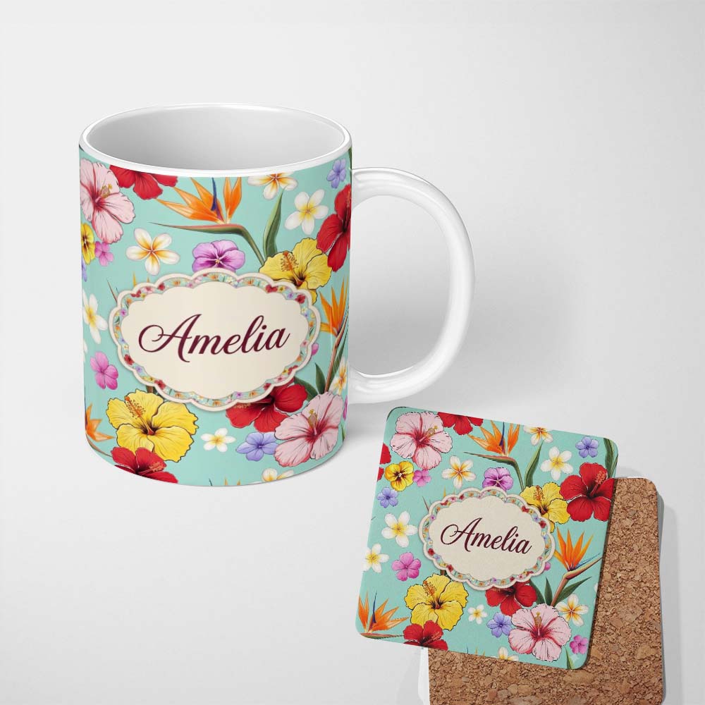 Personalized Custom Name Tropical Hibiscus Bird of Paradise Floral Seamless Pattern Teal 11oz Ceramic Coffee Tea Mug White Large Handle