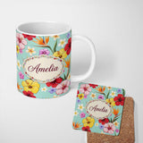 Personalized Custom Name Tropical Hibiscus Bird of Paradise Floral Seamless Pattern Teal 11oz Ceramic Coffee Tea Mug White Large Handle