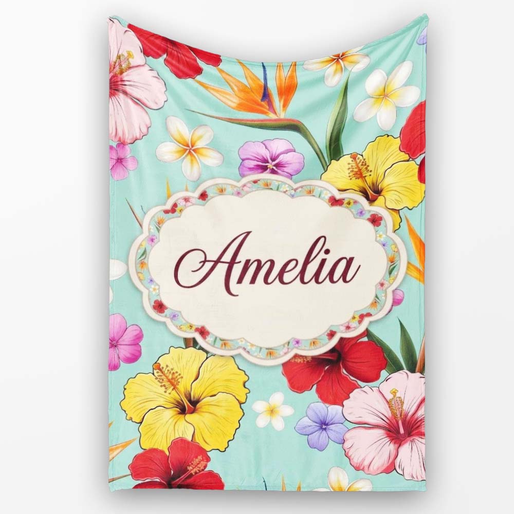 Tropical Hibiscus Bird of Paradise Floral Seamless Pattern Teal  Personalised Custom Name Super Soft Fleece Blanket Bed Sofa Throw
