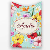 Tropical Hibiscus Bird of Paradise Floral Seamless Pattern Teal  Personalised Custom Name Super Soft Fleece Blanket Bed Sofa Throw