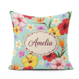 Custom Name Tropical Hibiscus Bird Paradise Floral Seamless Teal Square Filled Cushion Throw Pillow Sofa Bed Home Decor Zip Washable UK Made
