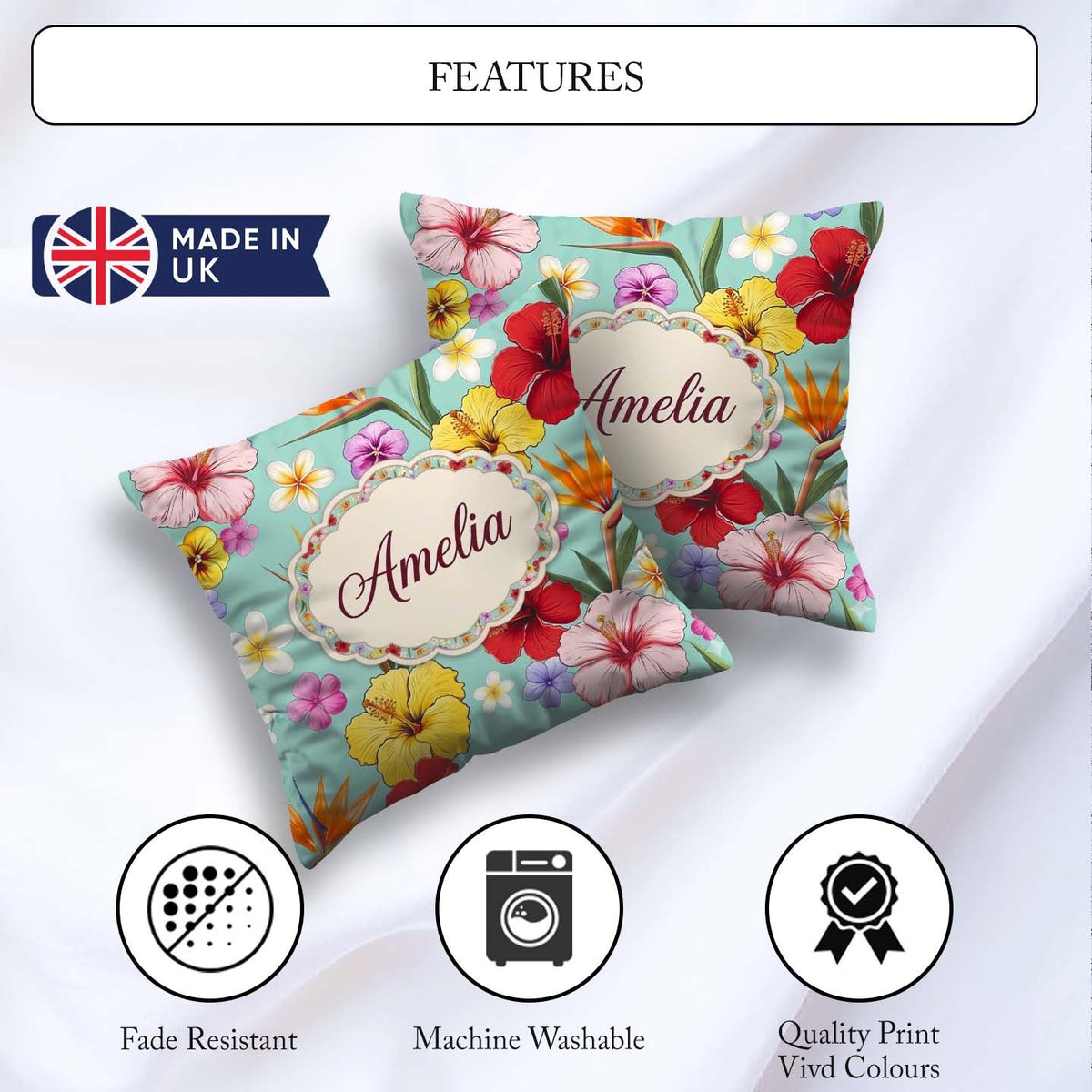 Custom Name Tropical Hibiscus Bird Paradise Floral Seamless Teal Square Filled Cushion Throw Pillow Sofa Bed Home Decor Zip Washable UK Made