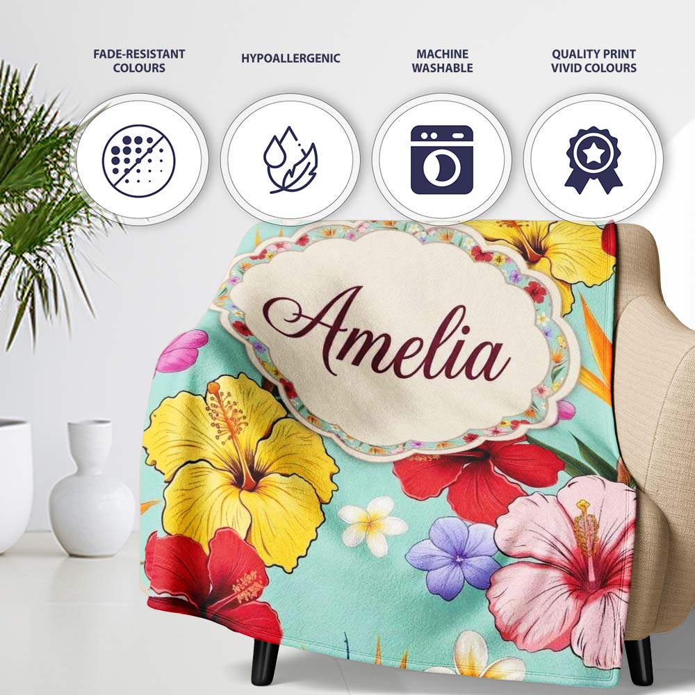 Tropical Hibiscus Bird of Paradise Floral Seamless Pattern Teal  Personalised Custom Name Super Soft Fleece Blanket Bed Sofa Throw