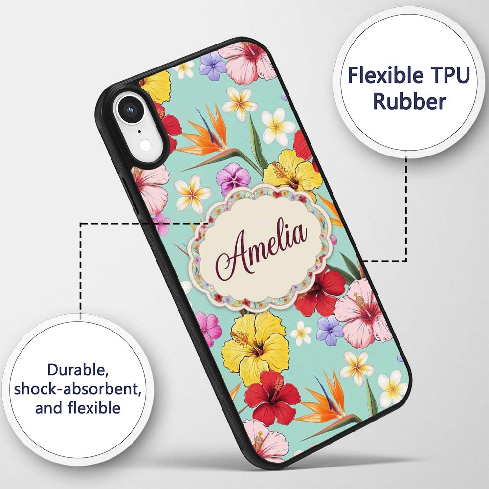 Tropical Hibiscus Bird of Paradise Printed Design Custom Name Protective Phone Case Mobile Cover Durable Everyday Smartphone Shock Resistant